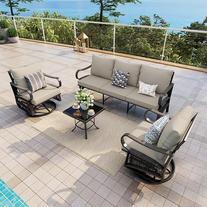 4 Pieces Outdoor Furniture Set, Patio Conversation Set with Swivel Rocking Chairs Sets and 3-Seater Couch Sofa for Deck, Porch, Garden, Backyard, Poolside (Beige Cushions)