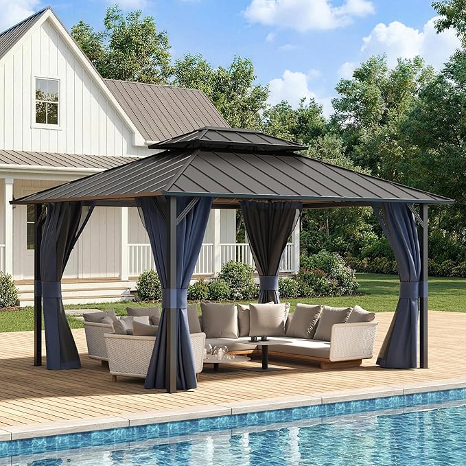 UDPATIO 12'x14' Hardtop Gazebo, Permanent Patio Pavilion with Breathable Netting and Privacy Curtain for Dining Party, Navy Blue
