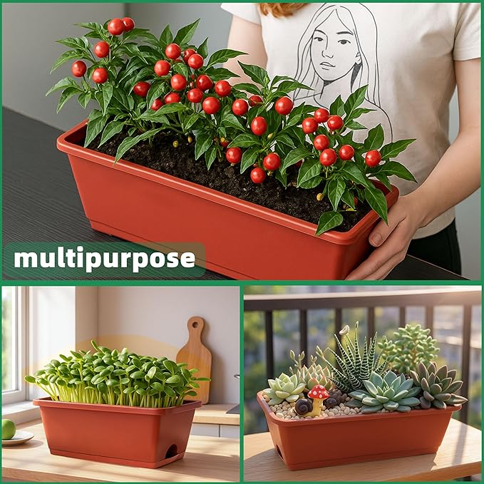LOCONHA Window Box Planter, 12 Pack Plastic Vegetable Flower Planters Boxes 17 Inches Rectangular Flower Pots with Saucers for Indoor Outdoor Garden, Patio, Home Decor (Brick RED) (Brick RED)