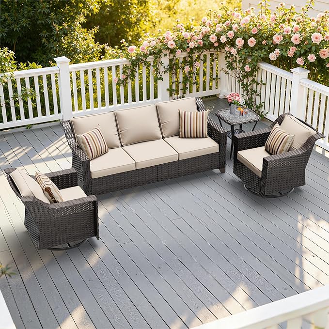 4 Pieces Patio Conversation Furniture Set - 1 Sofa, 2 Swivel Chairs, 1 Side Table, Outdoor Wicker Furniture with Removable Cushions for Porch, Balcony, Sunroom (Beige)