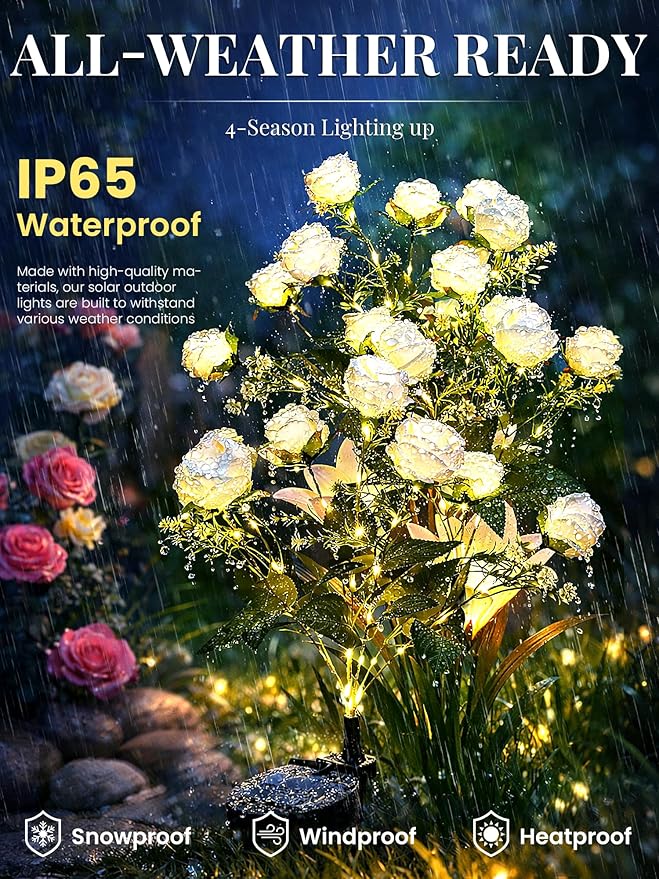 GIGALUMI Solar Lights Outdoor for Garden Decor, 4 Pack Solar Flower Lights Waterproof, 2 Lighting Modes 28 Roses for Pathway,Yard, Patio Decoration, Gardening Gifts for Women (White)