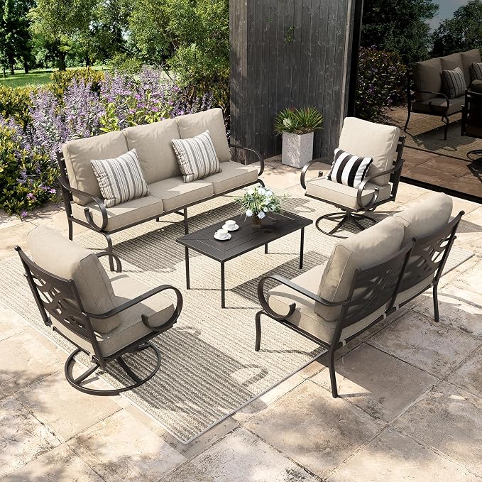 Sophia & William Patio Conversation Set for 7, a Loveseat, 3-Seater Sofa, 2 Swivel Chairs and a Coffee Table, Metal Outdoor Furniture Set with 5.75" Extra Thick Cushions, Beige