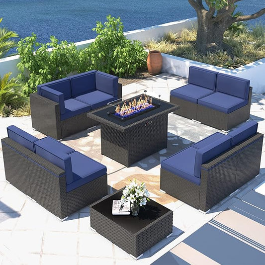 10 Pieces Patio Furniture Set with 44" Propane Gas Fire Pit Table, Outdoor Sectional Wicker Conversation Sofa Sets with Coffee Table