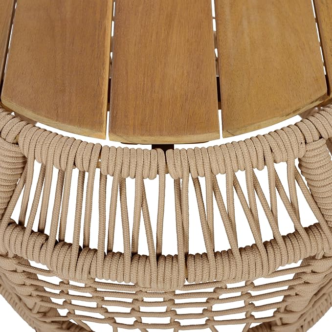 Outdoor Side Table with Light Beige Rope Frame, Patio Side Tables for Outside, Round Acacia Wood Outdoor End Table for Poolside Backyard Gazebo,No Assembly Required