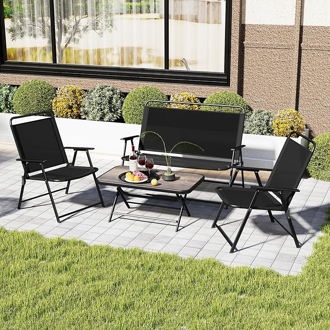 Tangkula 4 Piece Folding Patio Furniture Set, Metal Chair & Table Set with Breathable Fabric Seat, Outdoor Sectional Conversation Set with 2 Patio Chairs, Loveseat, Coffee Table for Yard Porch Deck
