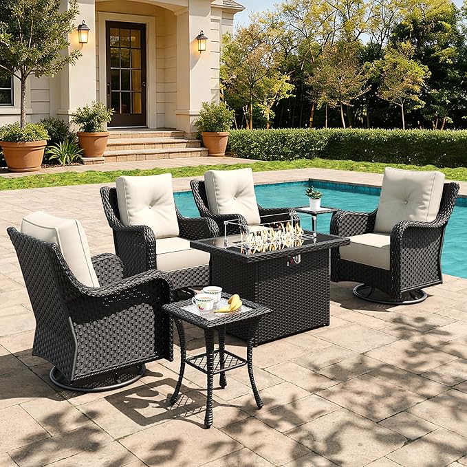 7 Pieces Outdoor Furniture Set with 6-inch Cushions, High Back Wicker Swivel Rocker Chairs with Fire Pit Table, Luxury Conversation Set for Deck Patio and Poolside