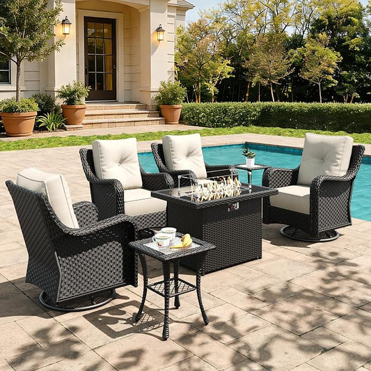7 Pieces Outdoor Furniture Set with 6-inch Cushions, High Back Wicker Swivel Rocker Chairs with Fire Pit Table, Luxury Conversation Set for Deck Patio and Poolside