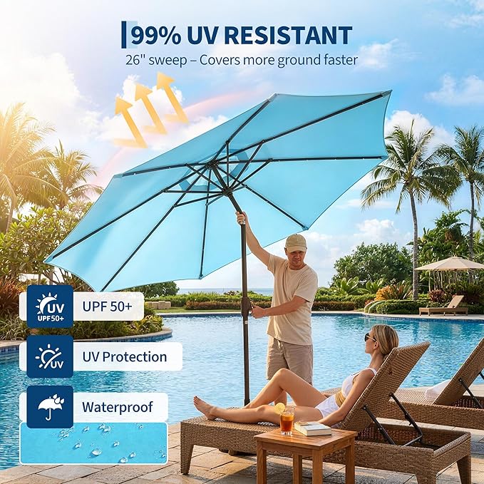 Garvee 9FT Patio Umbrella with 32 Solar LED Lights, Outdoor Table Market Umbrella with Tilt and Crank, 8 Sturdy Iron Ribs Sun Shade for Garden, Deck, Backyard and Pool, Turquoise Blue