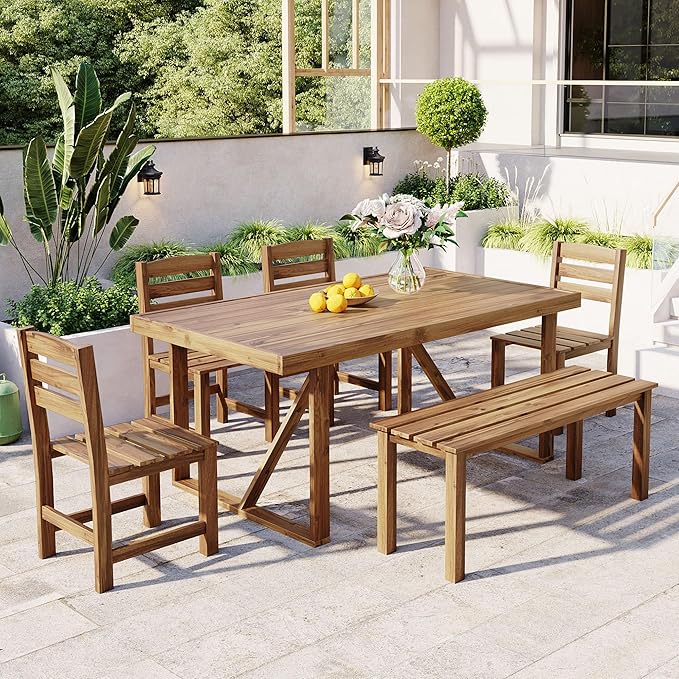 RUNNA Acacia Wood 6-Piece Outdoor Dining Set, Minimalist Patio Furniture with Dining Table,Bench and 4 Chairs for Garden, Balcony, Poolside (Natural Wood-A1)