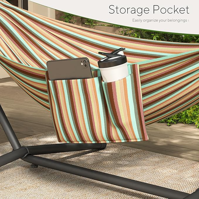 600lbs Hammock with Stand for Outside, 2 Person Portable Hammock with Side Storage, Carrying Bag, Expend Wooden Bar for Outdoor or Indoor (Dark Rainbow)