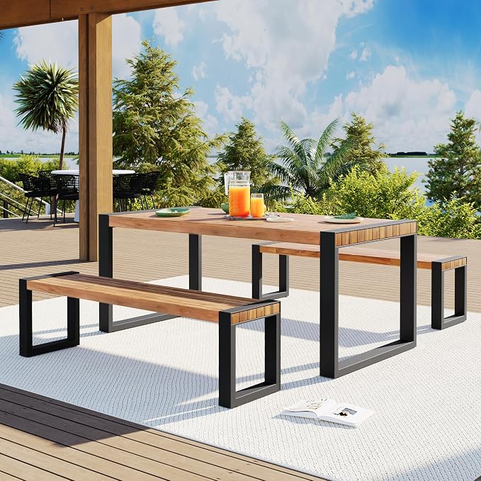 3-Pieces Outdoor Dining Table with 2 Benches, Patio Dining Set with Unique Top Texture, Acacia Wood Top & Steel Frame, All Weather Use, for Outdoor & Indoor, Natural