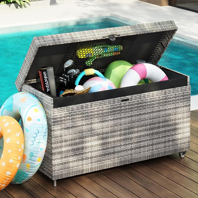 200 Gallon Wicker Deck Box with Wheels, All-Weather Outdoor Storage Box, Rattan Storage Bin for Patio Furniture, Outdoor Cushions, Pool Storage and Garden Tools - Grey