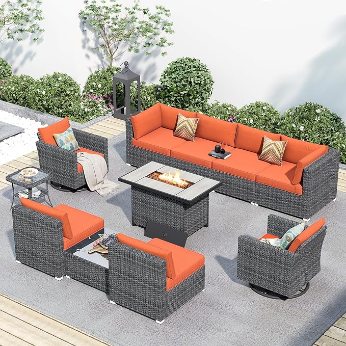 HOOOWOOO 11 Piece Patio Sectional Furniture Set with Fire Pit Table,Modern Wicker Outdoor Conversation Sofa Sets,Weather Resistant Modular L Shaped Outside Couch Swivel Chairs Set(Orange Red)