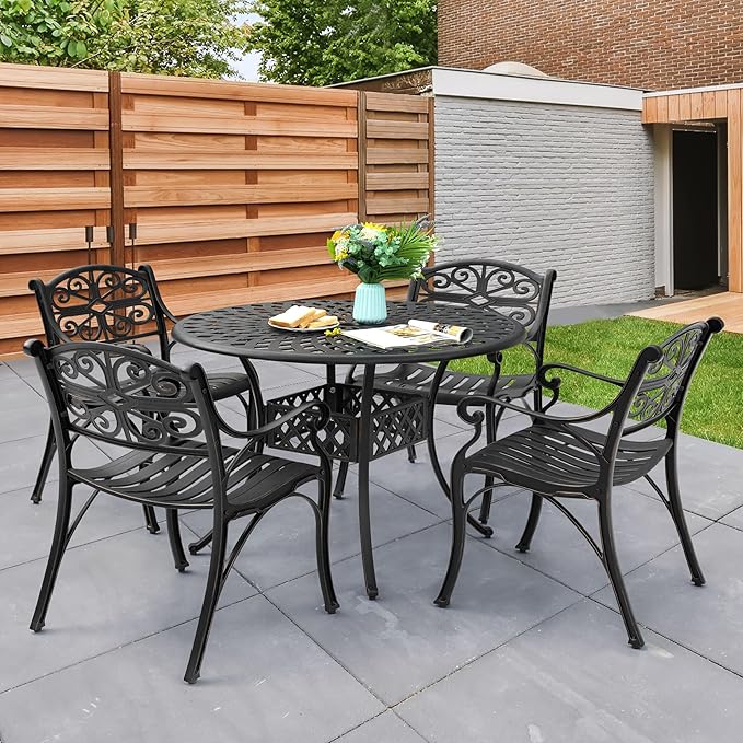 NUU GARDEN 5 Pieces Outdoor Patio Dining Set, 42" Round Cast Aluminum Dining Table with 2.24" Umbrella Hole and All-Weather 4 Outdoor Patio Dining Chairs for Patio, Garden, Backyard, Balcony, Bronze