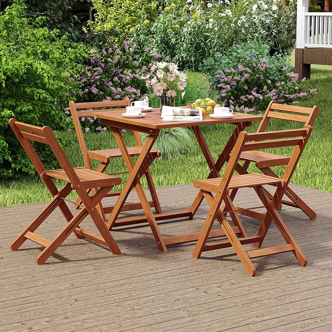 HAPPYGRILL Folding Patio Dining Table Set of 2, Solid Wood Square Table for 4 with Slatted Tabletop & X-Shaped Support Legs, Space-Saving Design, for Yard or Deck