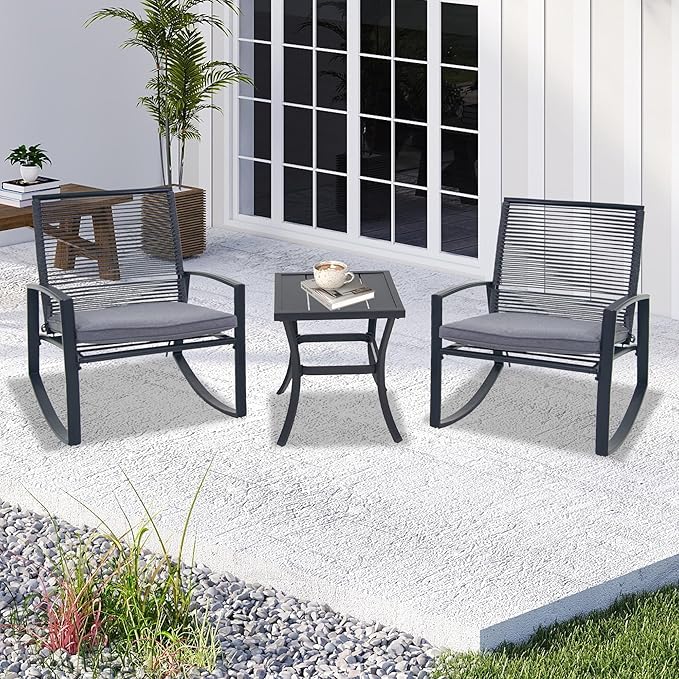 Domi Outdoor 3-Piece Wicker Rocking Chair Set, Patio Conversation Set with Removable Textilene Cushions & Metal Coffee Table, All-Weather Outside Chair Set of 3 for Balcony, Backyard, Pool, Grey