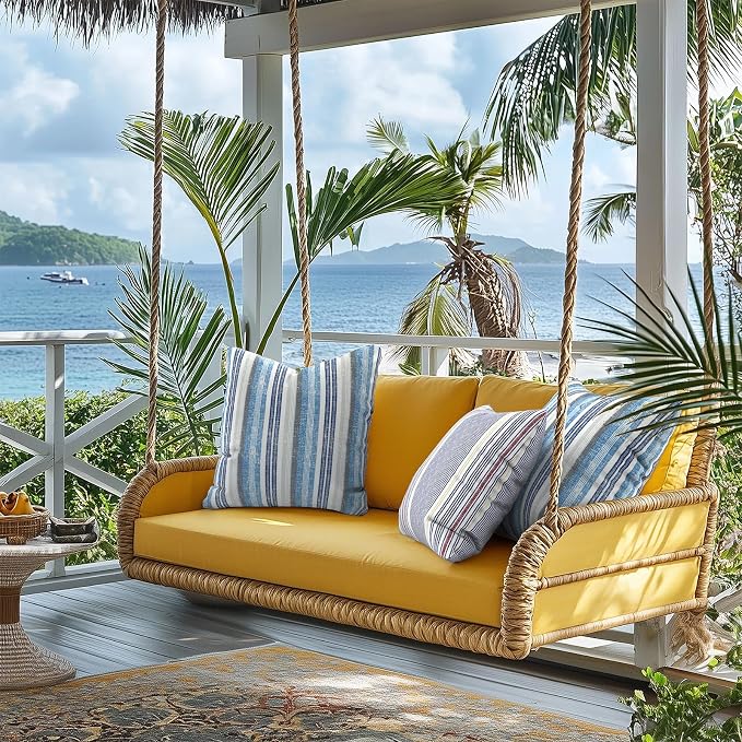 Outdoor Pillows for Patio Furniture 20x20 inch, Square Outdoor Throw Pillows with Inserts, Decorative Patio Pillows for Garden Couch Home Sofa Office Chair, Pack of 2, Stripe Layered Blue