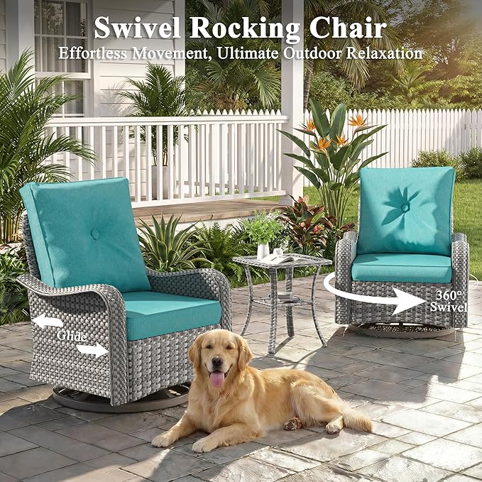 10 Piece Wicker Patio Furniture Set with 55,000 BTU Fire Pit Table, Swivel Rocking Chairs, 4''Cushions, PE Rattan, Wind Guard Glass, for Backyard, Deck or Balcony, Blue