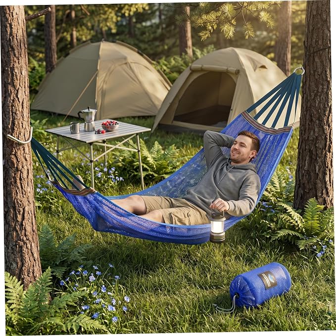 Camping Hammock Lightweight Portable, Anti-roll Breathable Mesh Outdoor Hammock with Tree Straps & Carry Bag, Blue (102.36x51.18in)