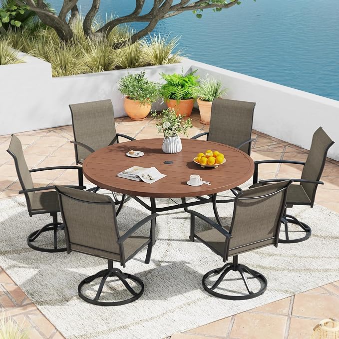 7 Pieces Outdoor Patio Dining Table Set, 53" All Weather Round Metal Table with Umbrella Hole and 6 High Back Textilene Swivel Chairs for Garden, Lawn, Poolside, Walnut Table & Brown Chairs