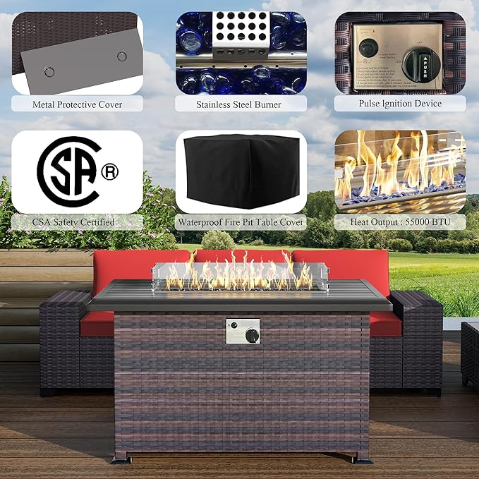 7 PCS Outdoor Patio Furniture Set,Outdoor Sectional Furniture with 43" 55000 BTU Gas Propane Fire Pit Table,All Weather PE Rattan Wicker Patio Conversation Set,Red