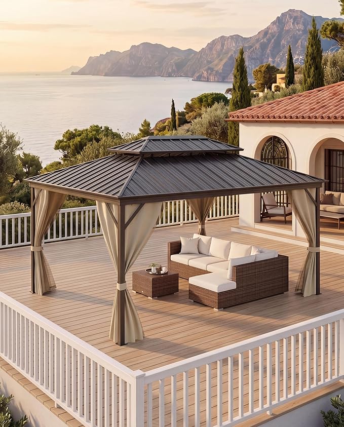 Hardtop Gazebo 12x14 ft, with Reinforced Aluminum Frame, Double Metal Roof, Net, and Curtain, Pergola for Patio, Deck, Backyard, Lawn, and Garden