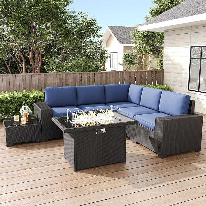 LayinSun 7 Pieces Patio Furniture Set with Fire Pit Table, Black Rattan Modular Sectional Patio Conversation Sofa Set