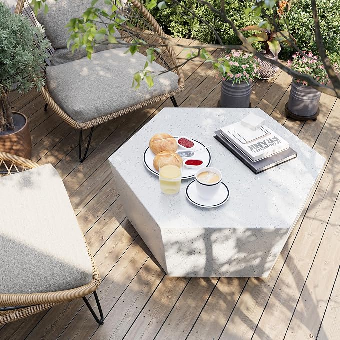 UPHA 35" Hexagon Outdoor Coffee Table, Modern Hollow Concrete Patio Table, Small Minimalist Low Accent Table for Living Room, Balcony, Deck, Backyard, Off-White