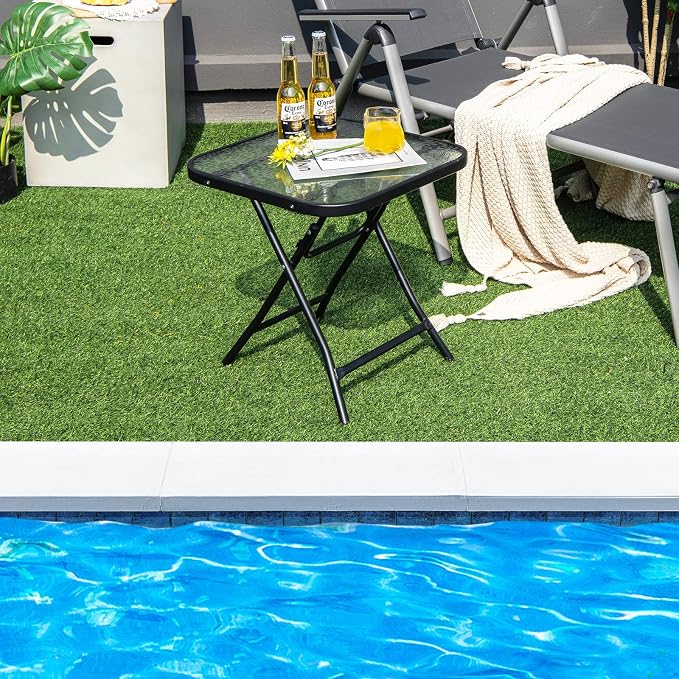 LDAILY 18” Folding Outdoor Side Table, Square End Table with Tempered Glass Tabletop & Sturdy Steel Frame, Portable Patio Table for Balcony, Backyard, Poolside & Indoor Use, Black