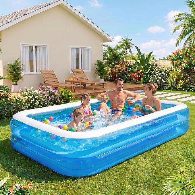 Full-Sized Inflatable Swimming Pool, Extra Large Blow Up Pool, Heavy Duty Above Ground Pool with Drain Valve, Leakproof Family Swim Pool for Backyard Patio Garden Outdoor Party (103''x69''x20'')