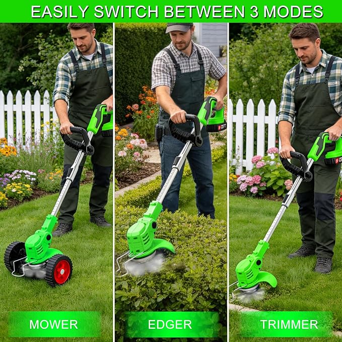 Cordless Weed Wacker Electric Eater 21V Battery Powered String Trimmers 3-in-1 Grass Trimmer/Lawn Edger/Brush Cutter Lightweight Portable Garden Tool with 4 Types Blades & Wheels for Garden Yard