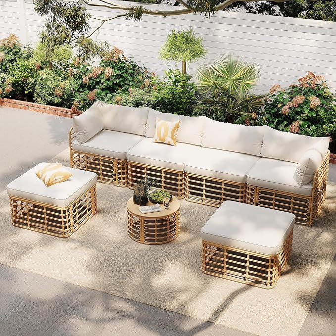 7 Pieces Outdoor Patio Furniture, All-Weather Rattan Sectional Sofa Set with Thick Cushions and Pillows, Freely Combined Conversation Sets for Garden, Backyard, Balcony, Beige