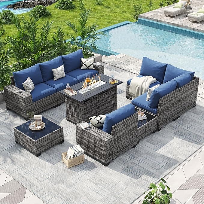 Aoxun Patio Furniture Sets with 44'' Fire Pit, 10 Pcs Outdoor Patio Coversation Set with 4'' Thicken Cushion, Widen Armrests Wicker Outdoor Sectional for Backyard (Waterproof Cover Include)