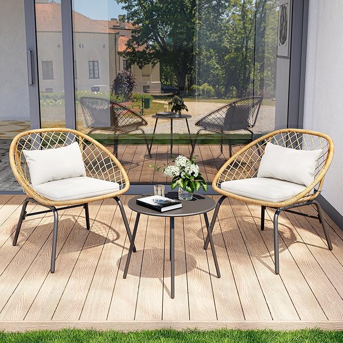 LAUSAINT HOME 3-Piece Outdoor Patio Set, All-Weather Wicker Rattan, Conversation Bistro Set with 2 Deep Seating Chairs & Coffee Table for Garden, Deck, Balcony, Porch, Backyard (Diamond Weave Design)