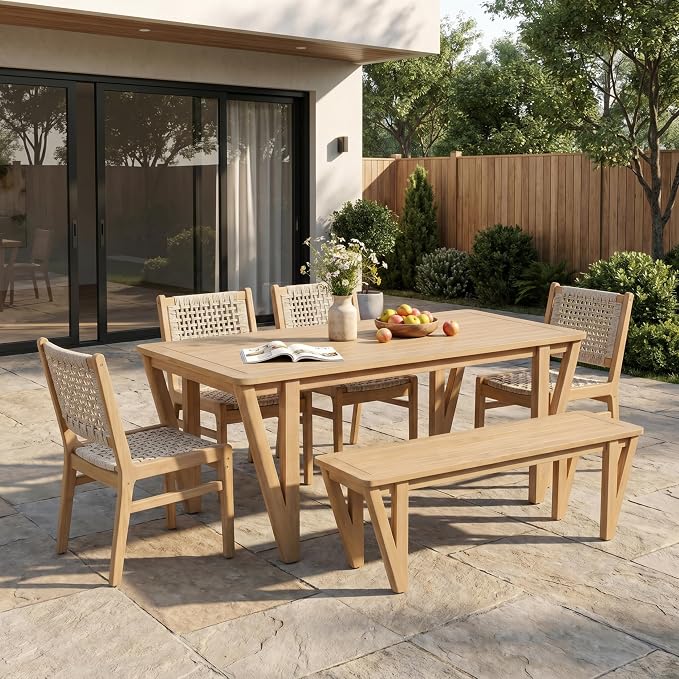 Christopher Knight Home Della Acacia Wood Dining Table Set for 6, 6 Piece Outdoor Dining Set with 70.75" Dinner Table, Bench and Armless Chairs, Patio Furniture Set for Dinner, Light Teak+Light Grey