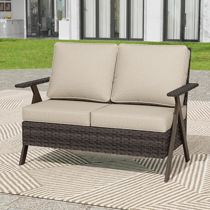 Patio Loveseat, All-Weather Wicker Rattan 2 Seater Sofa with Cushions, Outdoor Patio Furniture Sofa Set for Patio, Balcony, Backyard, Deck, Poolside