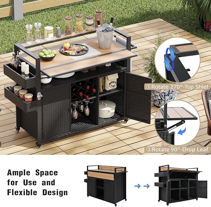 Merax Outdoor Bar Table & Storage Cabinet, Wheels and Drop Leaf Table Top, Patio Bar Table with Raised Shelf for Patio Kitchen or Bar Cart, Black Brown