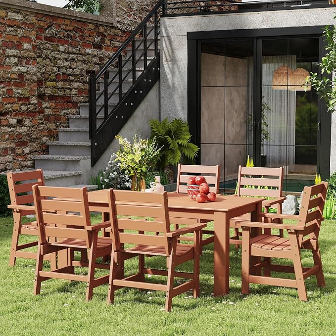 IVY&LANE Outdoor Dining Table | HDPE | 67’’ Rectangle Tables | Teak | All Weather | Umbrella Hole | Patio Furniture | for Poolside Lawn Garden Backyard