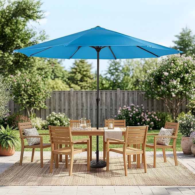 Pure Garden 9FT Round Patio Umbrella with 19lb Weighted Base - Easy Crank, Vented Canopy Outdoor Umbrella for Shade - For Deck, Balcony, Porch, Backyard, or Pool (Blue)
