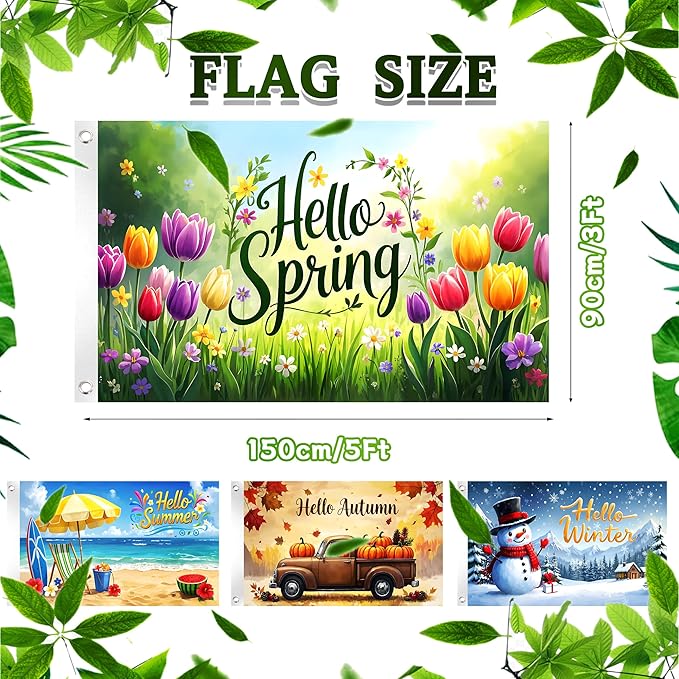 4Pcs Large Garden Flag 3x5 Ft Outdoor Double Sided Four Seasons Yard Flags with 2 Grommets Hello Spring Summer Autumn Winter Holiday Flag Banner for Outdoor Indoor Decor Backdrop