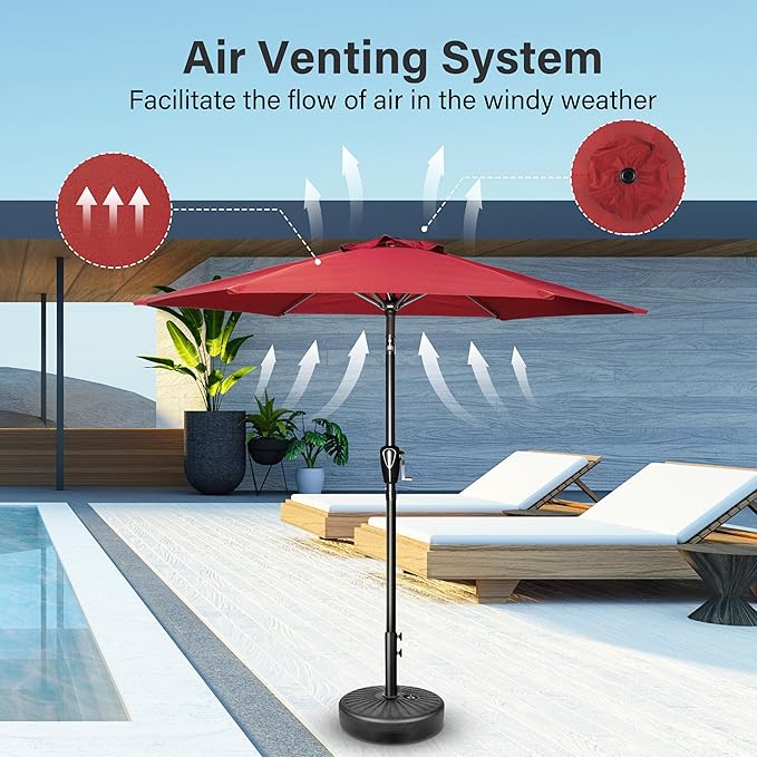 Simple Deluxe 7.5' Patio Umbrella with 20 Inch 50lbs Capacity Fillable Round Base, 6 Sturdy Ribs with Push Button Tilt/Crank for Garden, Deck, Backyard, Pool, Red and Black