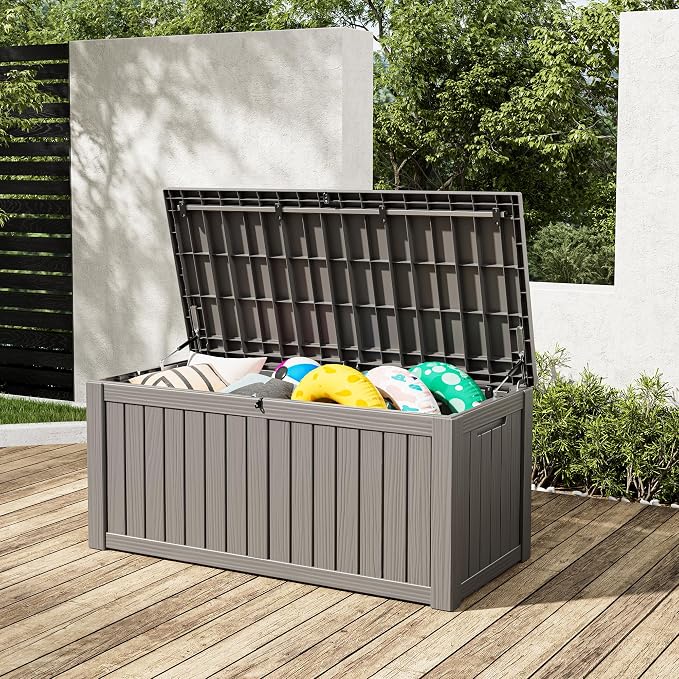 Outdoor Storage Box, 155 Gallon Resin Deck Boxes Outdoor Waterproof For Patio Furniture, Garden Tools, Pool Supplies, Lockable And UV Resistant (Striped Gray)