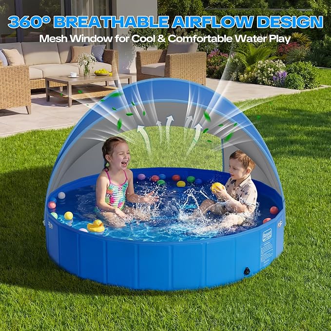 63in Kiddie Pool with Canopy - Large Foldable Toddler Pool with Detachable UPF 50+ Sunshade, Portable Non-Slip Kids Swimming Pool Collapsible Baby Pool for Outdoor Backyard Beach