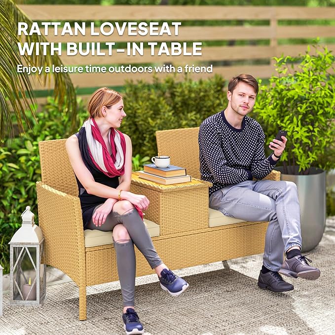 Chair with Center Table, Patio Loveseat for Garden Porch, Chairs with Coffee Table, Patio 2-Seat Chair,Outdoor Patio Loveseat Modern Patio Conversation Set & Built-in Coffee Table Porch Furniture