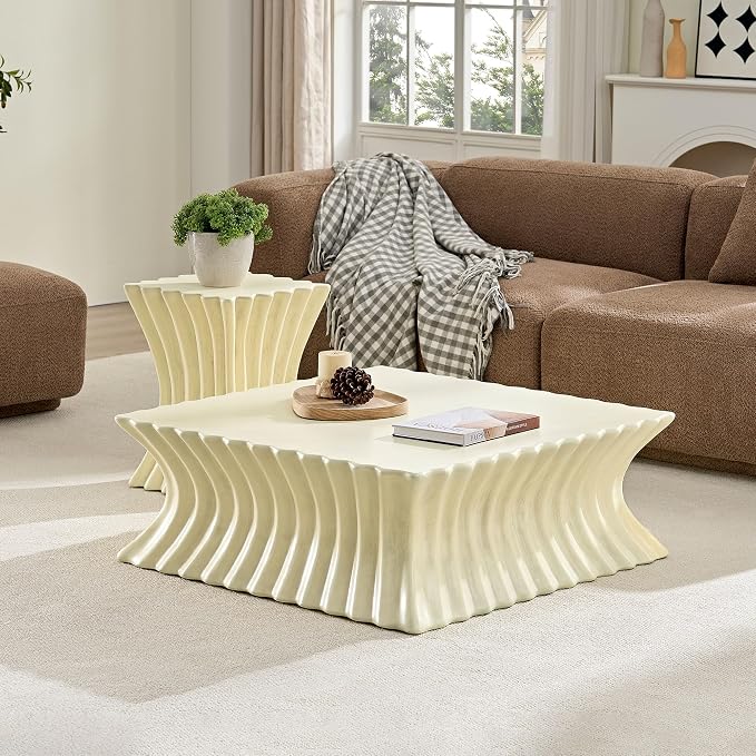 35.43'' Square Coffee Table Faux Stone Coffee Table for Living Room Modern Faux Marble Coffee Tables for Indoor Outdoor Square Center Tables No Assembly, Beige