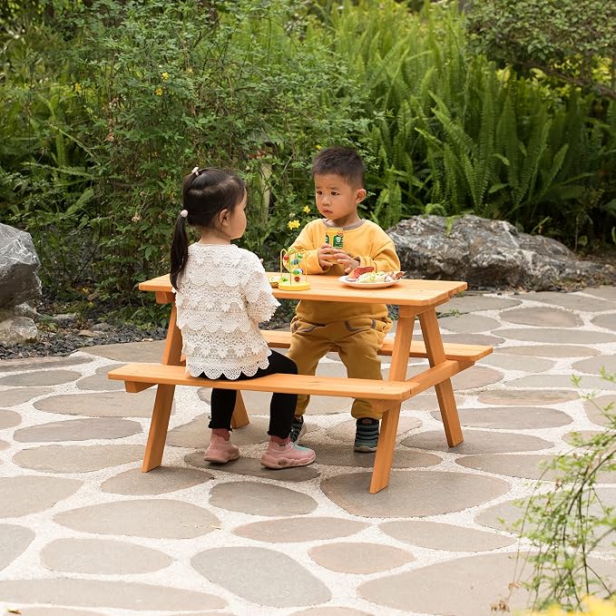 Gardenised, Stained Wooden Kids Outdoor Picnic Table for Garden and Backyard (QI004477)