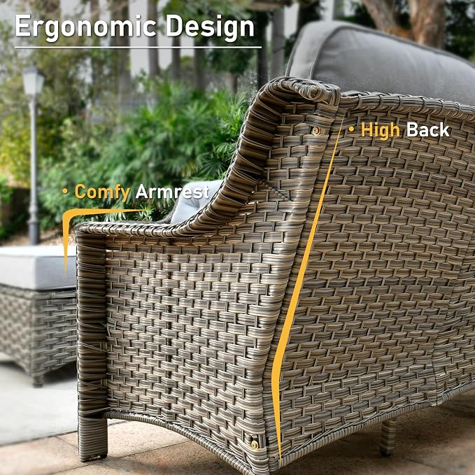 HOOOWOOO 6 Piece Patio Furniture Conversation Sets with Sola Light Table,Outdoor Wicker Furniture with Ottoman, All Weather Resistant Outside High Back Rattan Patio Set(Light Grey Gray)