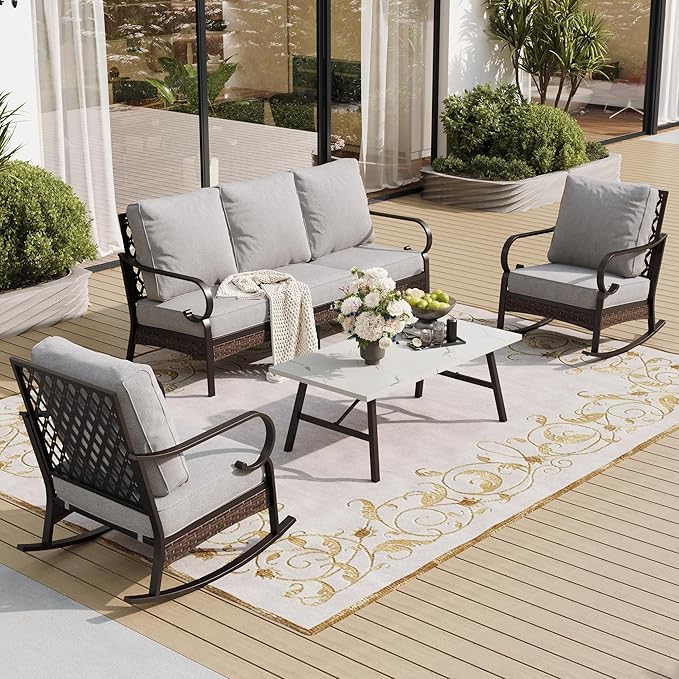 4 PCS Metal Outdoor Patio Furniture Set, Patio Conversation Sets 1 3-Seater Sofa, 2 Rocking Chairs with 5.75" Extra Thick Cushion & Coffee Table, Black Backyard Furniture, Light Gray