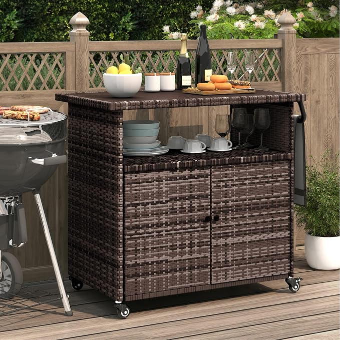 U-MAX Outdoor Grill Table with Storage Kitchen Island Prep Table Rattan Storage Cabinets Outdoor Grill Cart for Patio, Outside, Backyard, Bar, BBQ Serving Cart Cooking Grilling Station