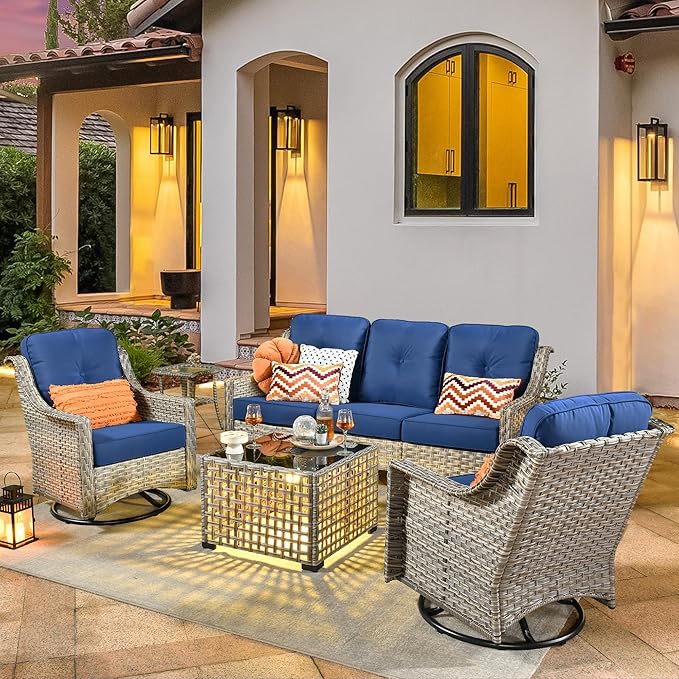 Patio Conversation Set,5 Pieces Wicker Patio Furnitures with Swivel Chair and Coffee Table,All Weather Patio Furniture Set for Garden,Backyard,Poolside and Patio,Navy Blue
